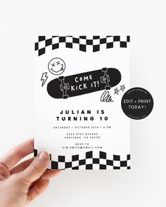 someone is holding up a skateboard birthday party card that says, come kick it julian is turning 10