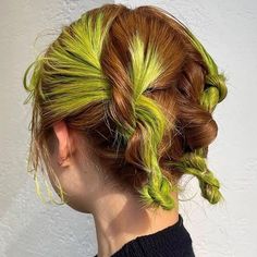 Interesting Hair Color Ideas, Brown And Neon Green Hair, Like Green Hair, Copper And Green Hair, Fantasy Hairstyles Short, Ginger And Green Hair, Color Blocked Hair, Orange Green Hair, Chartreuse Hair