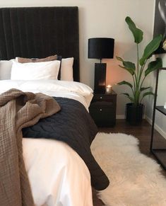 a bedroom with a bed, nightstands and a plant in the corner next to it