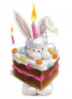 a birthday card with a bunny sitting on top of a cake