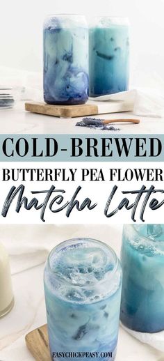 cold - brewed butterfly pea flower milkshake with text overlay