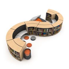 a curved book shelf with several books on it and various other items around it in the shape of a circle