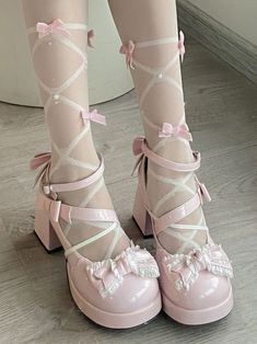 Step into a world of elegance and charm with our Bow at Top Pink Sweet High Block Heel Mary Janes. These shoes are the perfect blend of classic design and modern style, ideal for any kawaii or lolita fashion enthusiast. A delicate bow adorns the top, adding a touch of sweetness and femininity. The sturdy high block heel provides both height and stability, making these shoes perfect for all-day wear.  The price is for a pair of shoes only, others are not included.  Garment Size   	 		 			Size Matching Shoes For Dances, Pink And Grey Accessories, Kawaii High Shoes, Quinceanera Shoes Heels Comfortable, Pink Cute Shoes With Bow, Pink Star Heels, Royal High Shoes In Real Life, Kawaii School Shoes Pink, Cute Valentines Shoes