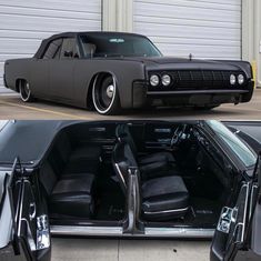 an old car with black leather seats and chrome rims is parked in front of a garage