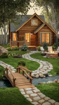 a small log cabin with a wooden bridge leading to the front porch and fire pit