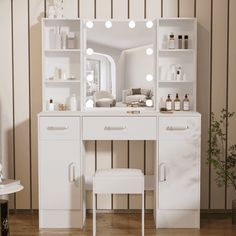 Upgrade your beauty routine with the Ciumeeo Vanity Desk with Mirror and Lights. This chic makeup vanity offers a spacious tabletop and three drawers, providing extensive room to store all your cosmetics, jewelry, and beauty essentials. Additionally, six side shelves offer plenty of platform space to organize and display bottles of perfume and other accessories. Crafted with high quality wood in a brilliant white finish, this vanity is not only stylish but also strong and durable for long lasting usage. The vanity table features an HD mirror with LED lights. Equipped with ten adjustable bulbs, you can choose between warm yellow, warm white, and cold white light colors to accurately illuminate your skin color and complexion during the day or at night. The brightness of the lights is also ad Corner Vanity Ideas Bedroom, Aesthetic Vanity Ideas, Cheap Vanity, Desk With Mirror And Lights, Aesthetic Bedrooms, Vanity Desk With Lights, Vanity Desk With Mirror, Preppy Bedroom Decor, Desk With Mirror