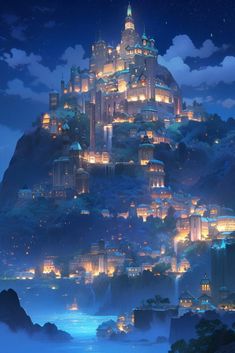 an animated castle lit up at night on top of a hill with water below it