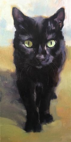 a painting of a black cat with green eyes