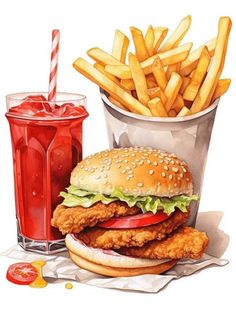 a painting of a chicken sandwich and french fries next to a red drink with a straw