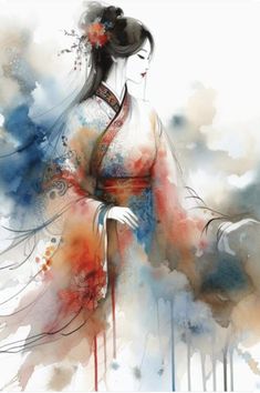 an artistic painting of a woman in a kimono