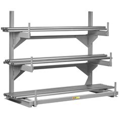 two metal shelves with one shelf on each side and the other in front of it