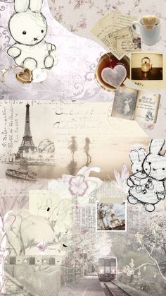 a collage of pictures with teddy bears, flowers and other things on it's surface