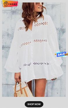 Hollow Flares Sleeve Shirt Long Sleeve Shirt For Fall Vacation, Fall Vacation Long Sleeve Shirt, Long Sleeve Summer Blouse, White Long Sleeve Shirt For Summer, Summer Long Sleeve Shirt For Day Out, Chic Long Sleeve Shirt For Beach, Chic Long Sleeve Beach Shirt, White Beach Shirt For Fall, White Shirt For Beach, Fall Season