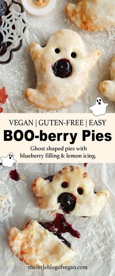 ghost shaped pastries with blueberry filling Gluten Free Sleepover Snacks, Cute Easy Baked Goods, Vegan Gluten Free Halloween Recipes, Ghost Pop Tarts, Homemade Halloween Treats Desserts, Halloween Food Vegetarian, Halloween Mini Pies, Halloween Vegetarian Food, Halloween Baking And Desserts