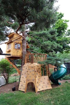 a tree house built into the side of a tree with a slide in front of it