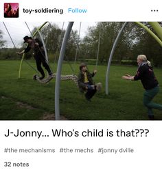 two people on swings in the grass with text that reads, j - jony who's child is that?