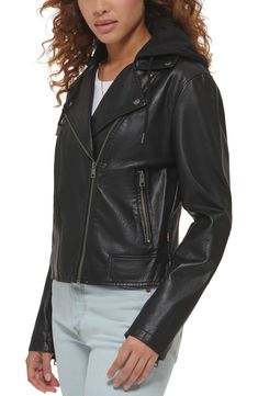 Be the coolest biker on the road wearing this faux-leather jacket featuring an attached fleece hood for a layered look without the bulk. 22" length Asymmetrical zip closure Drawstring hood Notched lapels Zip cuffs Front zip pockets Water-resistant Lined 100% polyurethane with 100% polyester contrast Machine wash, tumble dry Imported Women's Clothing Faux Leather Moto Jacket, Leather Moto, Leather Moto Jacket, Layered Look, Faux Leather Jackets, Moto Jacket, On The Road, Motorcycle Jacket, The Road