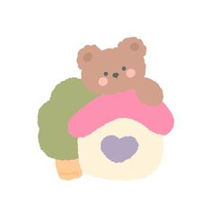 a brown teddy bear sitting on top of a mushroom with a heart in its paws