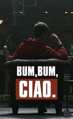 a man sitting on top of a leather chair in front of a book shelf with the words bum, bum, ciao