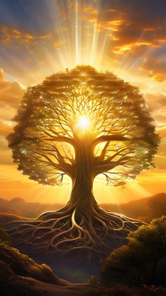 a painting of a tree with the sun shining through it's leaves and roots