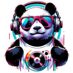 a panda bear wearing headphones and holding a dj's turntable in his hands