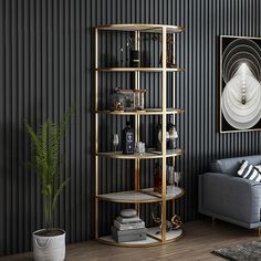 a living room filled with furniture and a large painting on the wall behind it's shelves