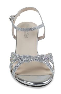 Jewel-embellished vamp straps interlock on an occasion-ready sandal set on a lightly padded footbed and wrapped block heel. 2 1/4" heel Synthetic upper, lining and sole Imported Low Heel Sparkly Shoes, Silver Shoes Low Heel Wedding, Silver Shoes Short Heel, Silver Grey Wedding Shoes, Open Toe Synthetic Sandals For Prom, Synthetic Ankle Strap Sandals For Prom, Prom Ankle Strap Synthetic Sandals, Glamorous Ankle Strap Synthetic Sandals, Holiday Open Toe Synthetic Sandals