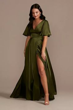 Bridesmaid Dresses - Galina Signature Charmeuse Flutter-Sleeve A-Line Dress Style # GS290034 – View Image 1 Martini Olive, Orange Bridesmaid Dresses, Plus Size Bridesmaid, Olive Green Dresses