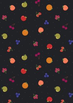 an image of fruits and berries on a black background that is seamlessly grouped together