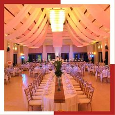 an image of a banquet hall setting with tables and chairs set up for formal function