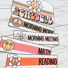 three stickers that say morning work and math reading