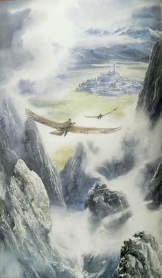 a bird flying over a mountain covered in fog and mist with a castle in the distance