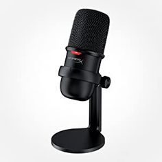 a black microphone with red light on it