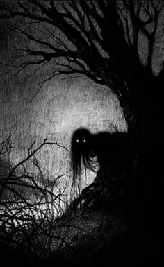 a black and white photo of a tree with a creepy face