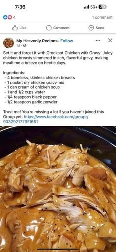 a crock pot filled with chicken and gravy on top of a table