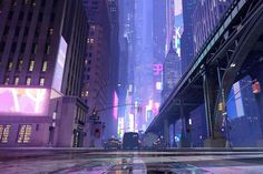 an animated city scene with skyscrapers and neon lights