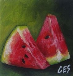 a painting of watermelon slices with the word des written on it in white ink