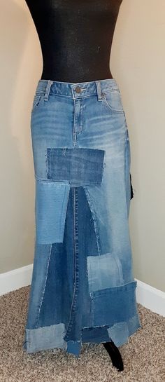 Size 9-10 Long Upcycled Denim Skirt, Long Denim Skirt, Refashioned Denim, Vintage Patchwork  Jean Skirt, Birthday Gift For Women This fun skirt is made of slightly used jeans. A long patchwork skirt of upcycled denim made of various shades of denim with abrasions and additionally frayed. Denim pieces have been reused to create a beautiful unique skirt. All my works are sewn only by me I can custom-make this skirt for you in your pants size.  Yours will vary slightly, but it will be really simila Denim Skirt From Jeans, Blue Recycled Denim Skirt For Spring, Casual Reworked Blue Denim Skirt, Blue Recycled Denim Skirt For Summer, Fitted Dark Wash Denim Skirt In Recycled Material, Fitted Medium Wash Skirt With Patchwork, Casual Blue Reworked Denim Skirt, Fitted Denim Skirt With Patchwork, Medium Wash Denim Skirt With Patchwork