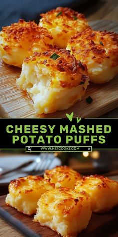 cheesy mashed potato puffs on a cutting board with text overlay