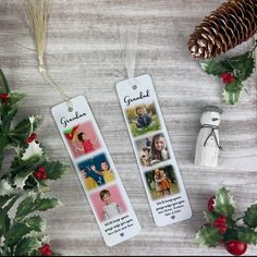 two bookmarks with pictures of children on them next to holly garland and pine cones