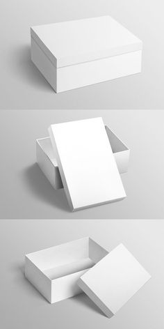 three different white boxes with one open and the other closed, all on top of each other