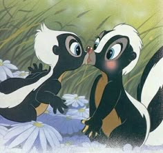 the skunks are kissing each other in front of some daisies and flowers