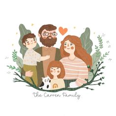 the cartoon family is surrounded by leaves and plants