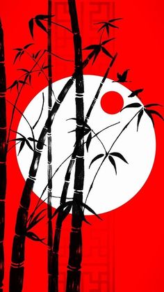 an image of bamboo trees with the moon in the sky behind them on a red background