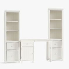 a white desk and bookcase with drawers