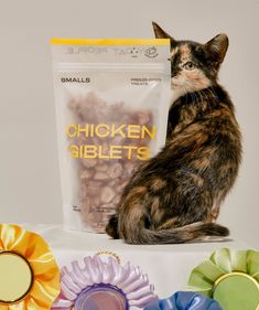 a cat sitting next to a bag of chicken giblets on top of a table