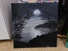 a black and white painting of a lake at night with the moon in the sky