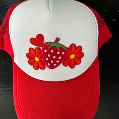 Trucker Hat Red Strawberry Hat With Flowers And Heart Patches New Without Tags Polyester, Cotton And Sponge Handwashing Only Snap Closure Circumference Of The Trucker Hat Is Approx. 56cm/22.05 In To 62cm/24.41 Inch The Brim Of The Hat Is 7.5 Cm/2.95 Inch And Features Adjustable Buckle The Back Is Mesh Casual Red Trucker Hat For Gift, Casual Red Brimmed Mini Hats, Fun Red Trucker Hat For Beach, Trendy Red Trucker Hat For Summer, Red Snapback Hat As Gift, Red Snapback Hat Gift, Red Hats For Spring Gifts, Red Mini Hats For Spring, Fun Red Hat For Spring