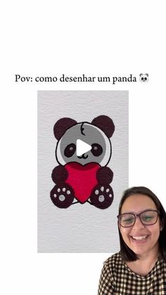 a woman with glasses is smiling in front of an image of a panda holding a heart