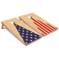 an american flag themed wooden cornhole game set with two boards and one board that has been cut in half